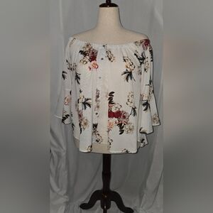 Umgee Off shoulder Cream Floral Blouse with Button-Up Design.